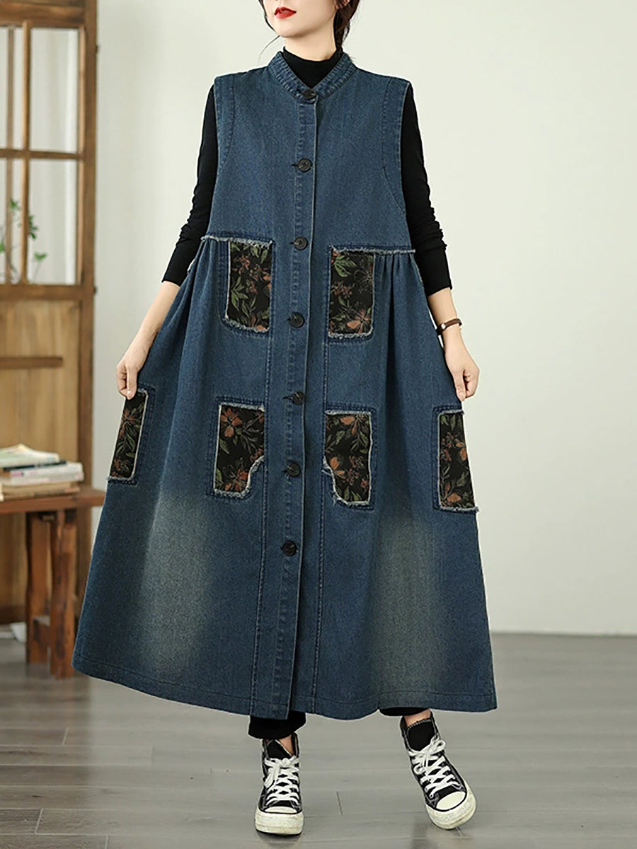 Women Vintage Denim Patchwork Stand Collar Long Vest Coat