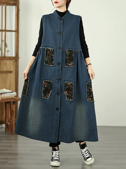 Women Vintage Denim Patchwork Stand Collar Long Vest Coat