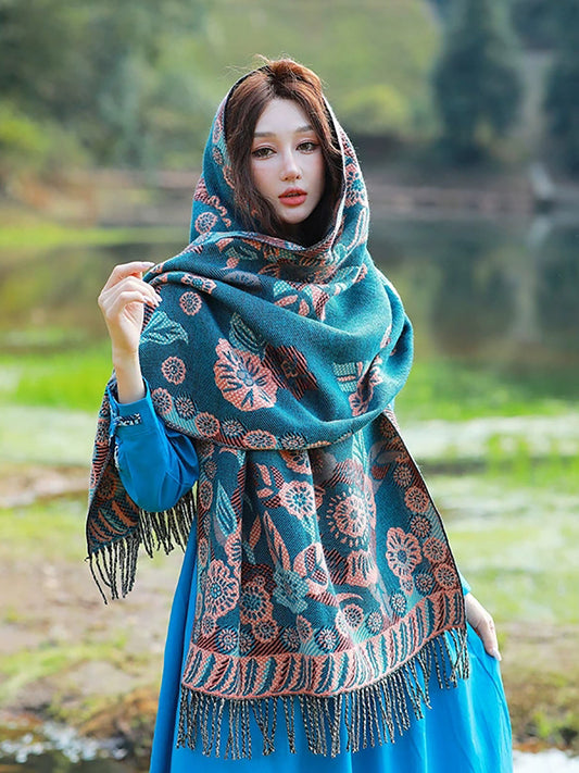 Women Ethnic Flower Tassel Shawl Scarf