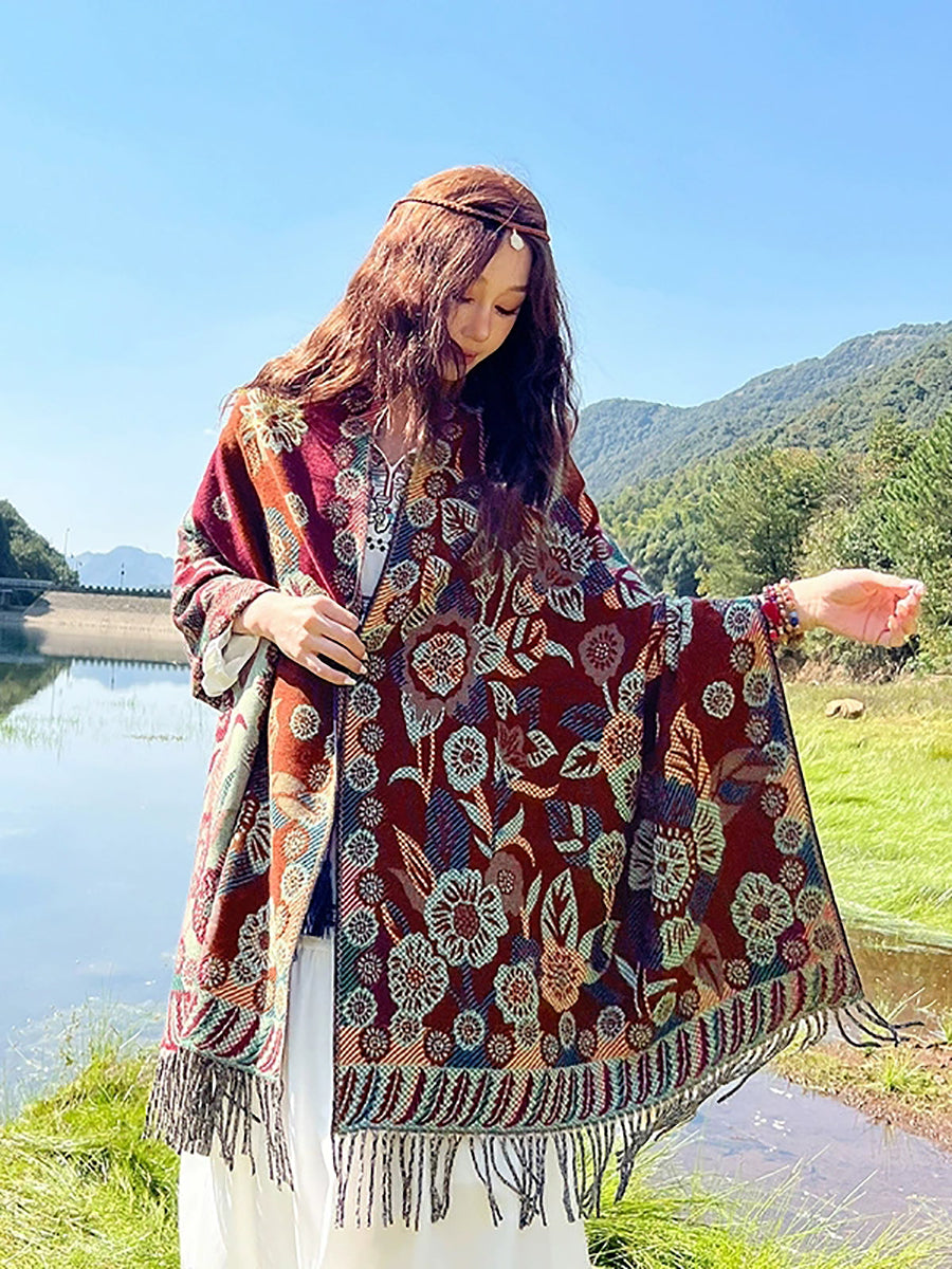 Women Ethnic Flower Tassel Shawl Scarf