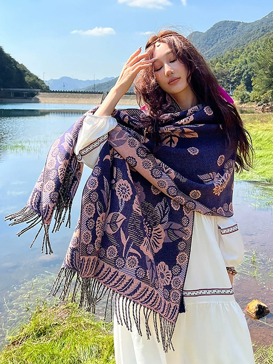 Women Ethnic Flower Tassel Shawl Scarf
