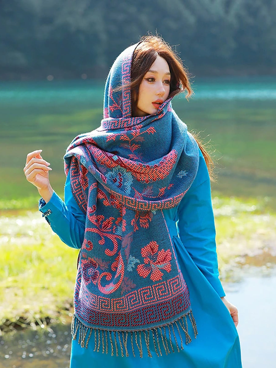Women Ethnic Flower Tassel Shawl Scarf