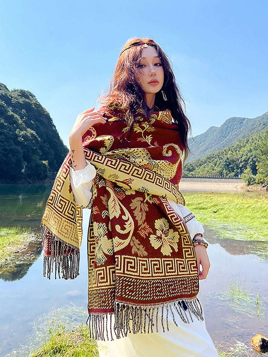 Women Ethnic Flower Tassel Shawl Scarf