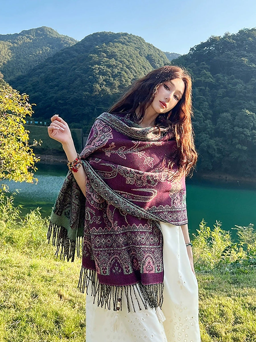 Women Ethnic Flower Tassel Shawl Scarf