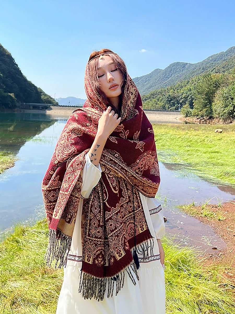 Women Ethnic Flower Tassel Shawl Scarf