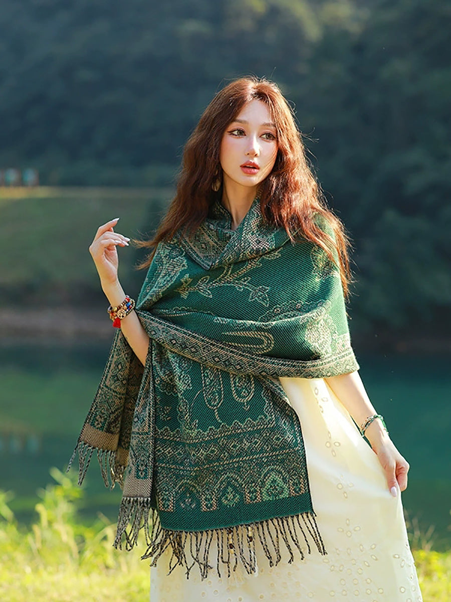 Women Ethnic Flower Tassel Shawl Scarf