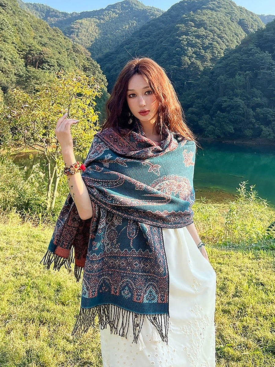 Women Ethnic Flower Tassel Shawl Scarf