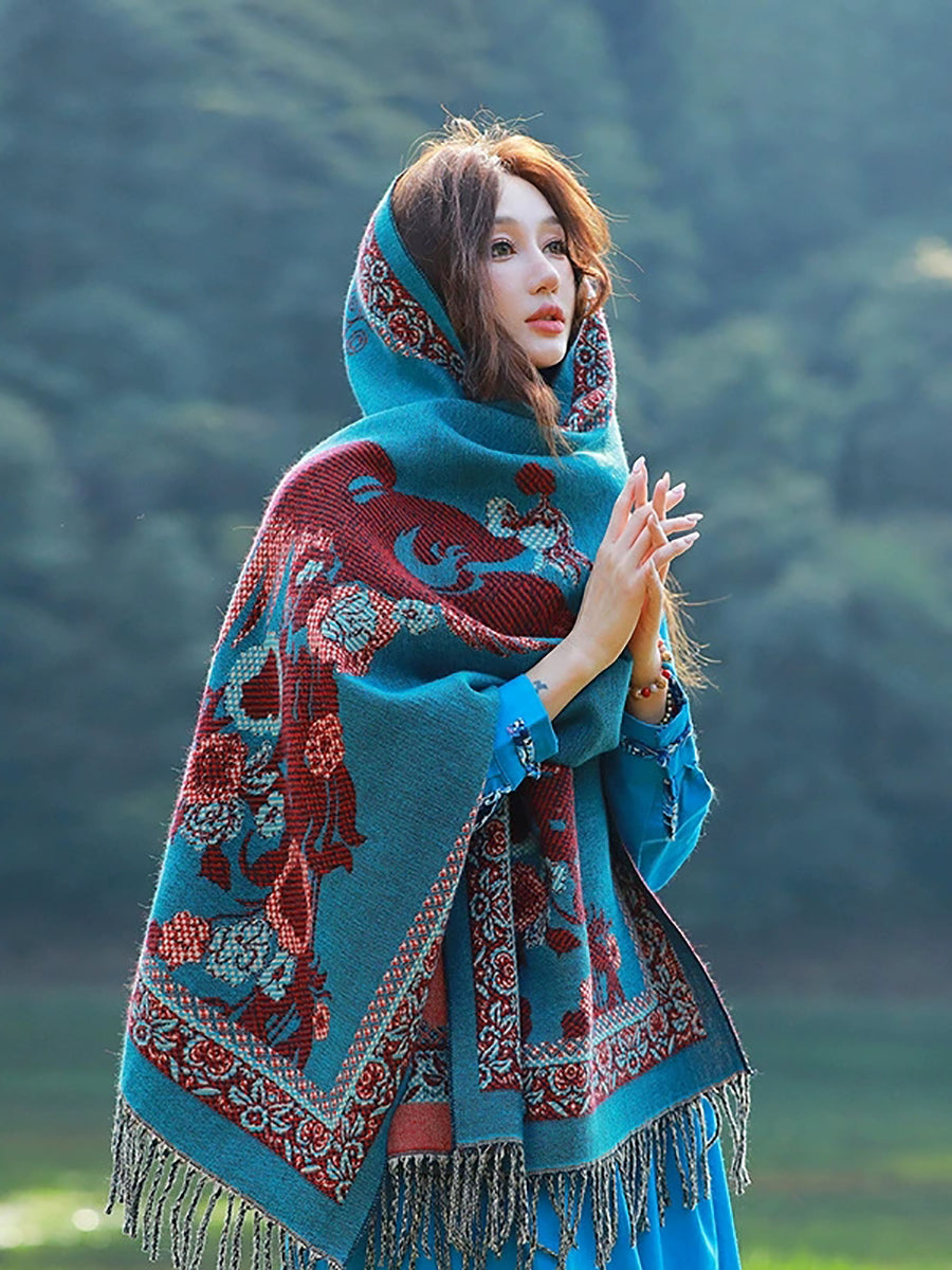 Women Ethnic Flower Tassel Shawl Scarf