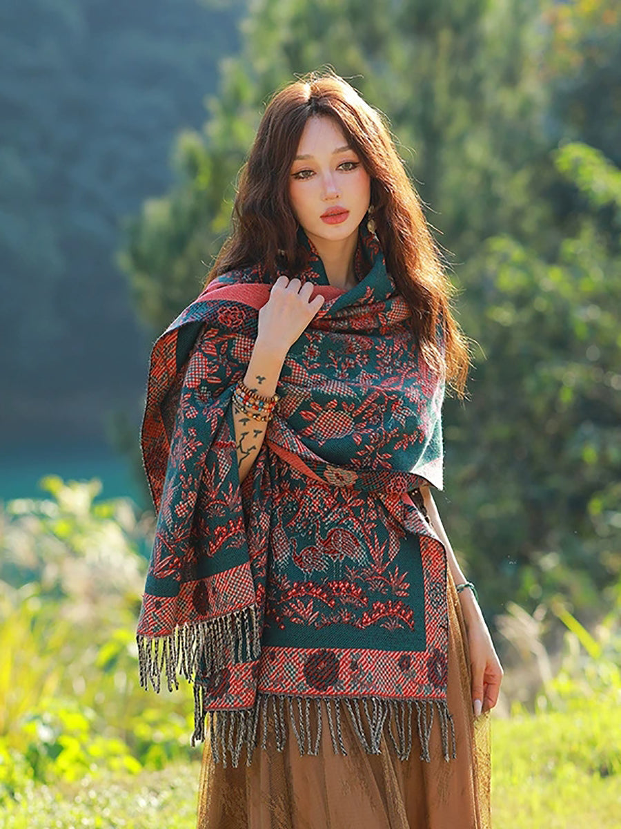 Women Ethnic Flower Tassel Shawl Scarf