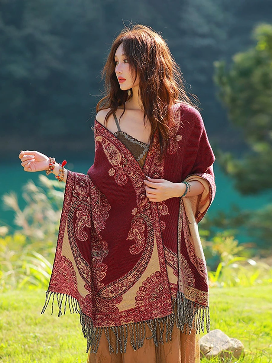 Women Ethnic Flower Tassel Shawl Scarf