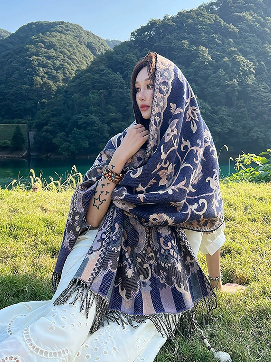 Women Ethnic Flower Tassel Shawl Scarf