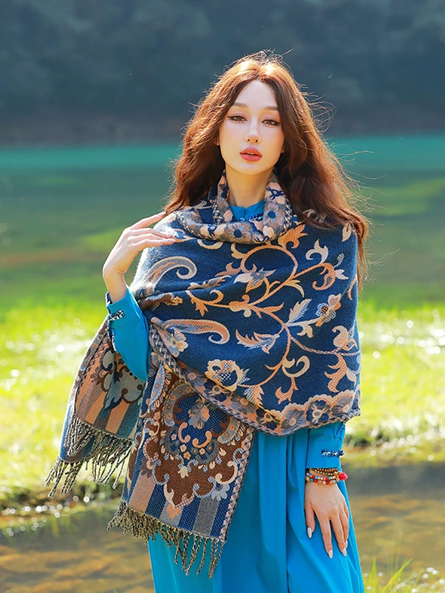 Women Ethnic Flower Tassel Shawl Scarf