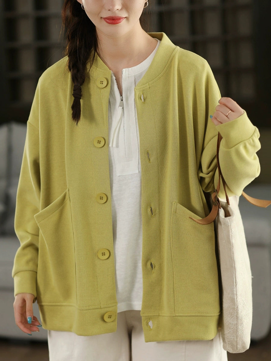 Women Autumn Pure Color O-Neck Cotton Coat