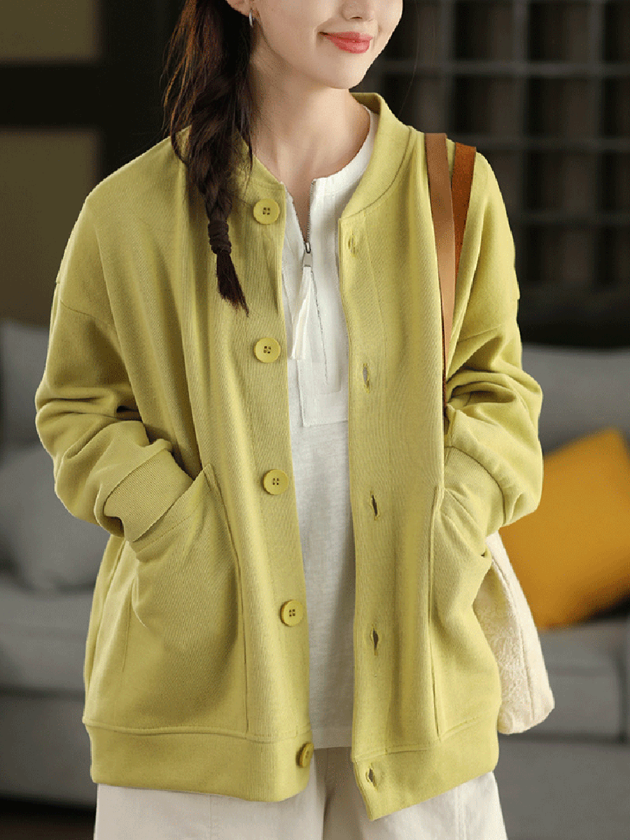 Women Autumn Pure Color O-Neck Cotton Coat
