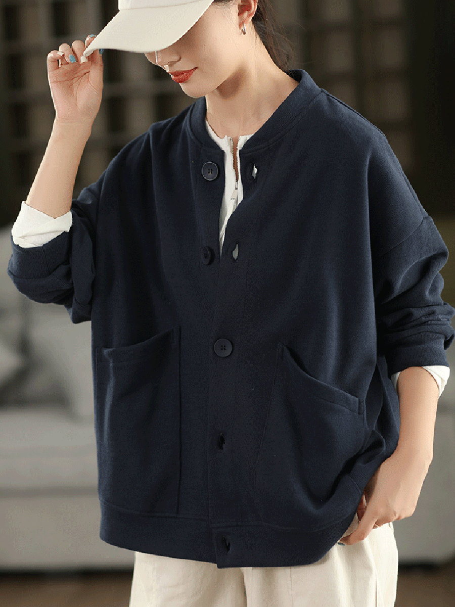 Women Autumn Pure Color O-Neck Cotton Coat