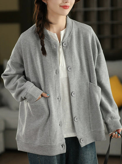 Women Autumn Pure Color O-Neck Cotton Coat