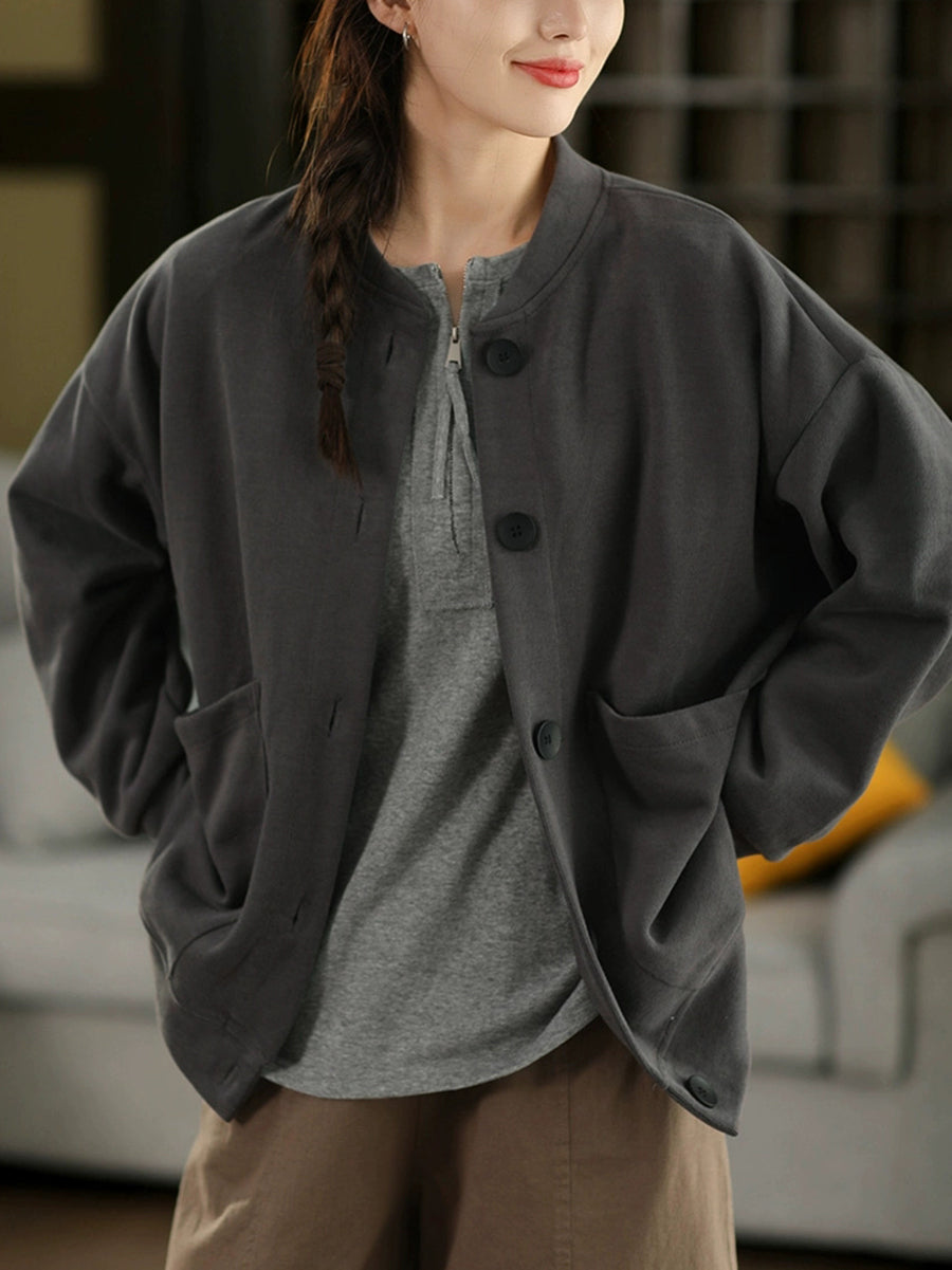 Women Autumn Pure Color O-Neck Cotton Coat