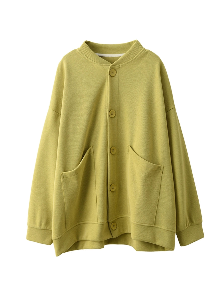 Women Autumn Pure Color O-Neck Cotton Coat