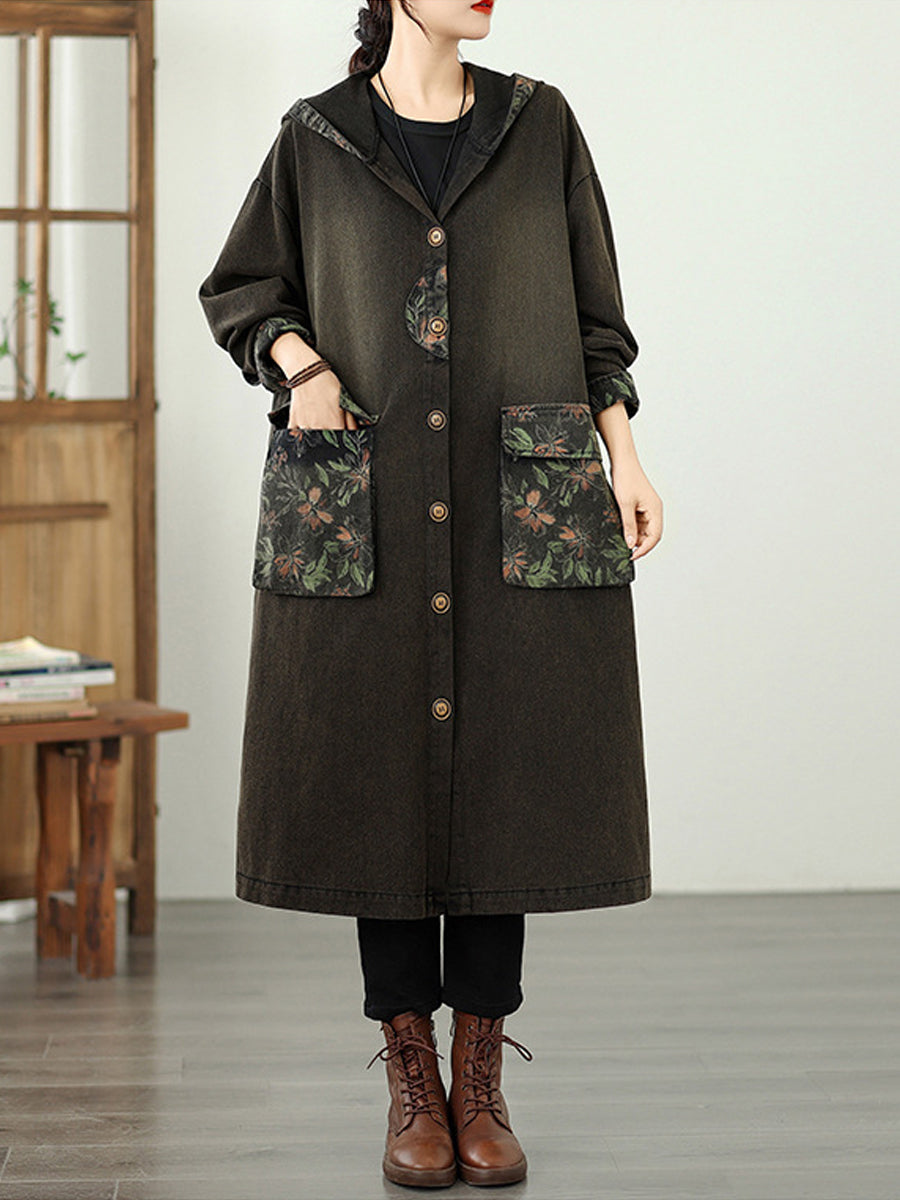 Women Autumn Denim Flower Spliced Hooded Coat
