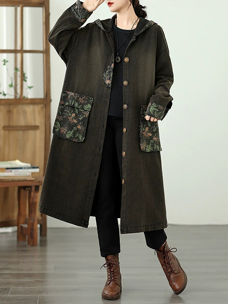 Women Autumn Denim Flower Spliced Hooded Coat