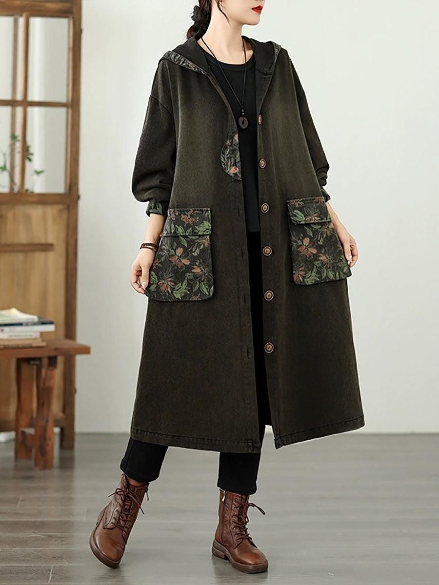 Women Autumn Denim Flower Spliced Hooded Coat