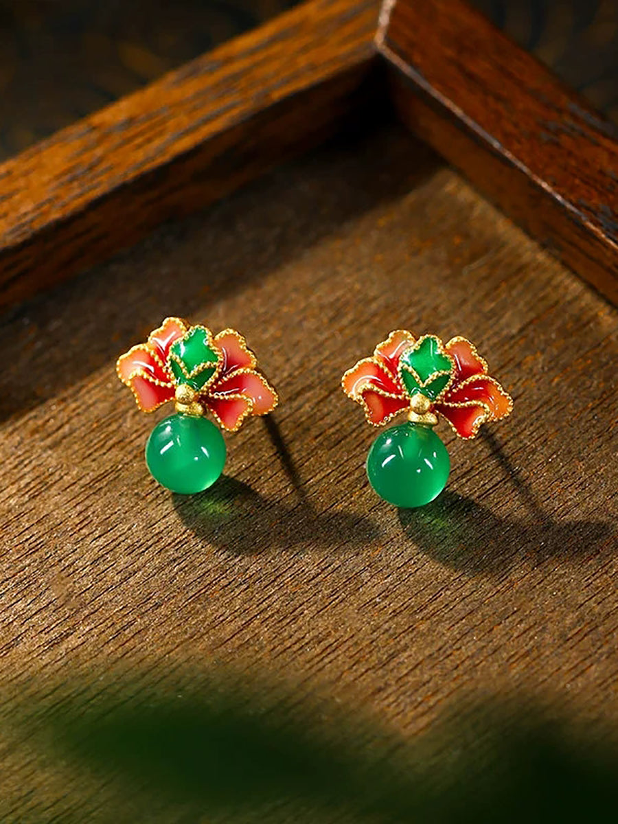 Women Ethnic Jade Flower Glaze Earrings
