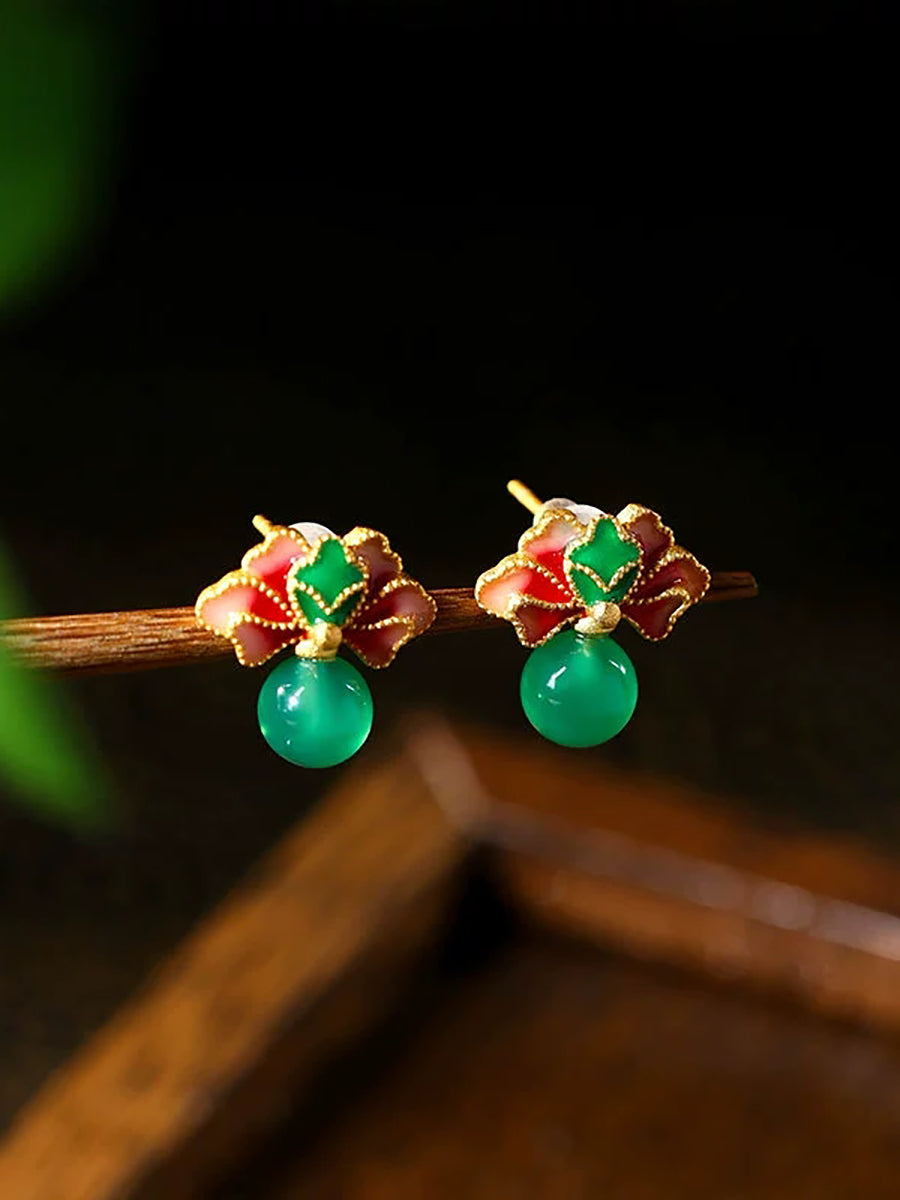 Women Ethnic Jade Flower Glaze Earrings