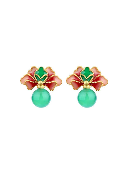 Women Ethnic Jade Flower Glaze Earrings