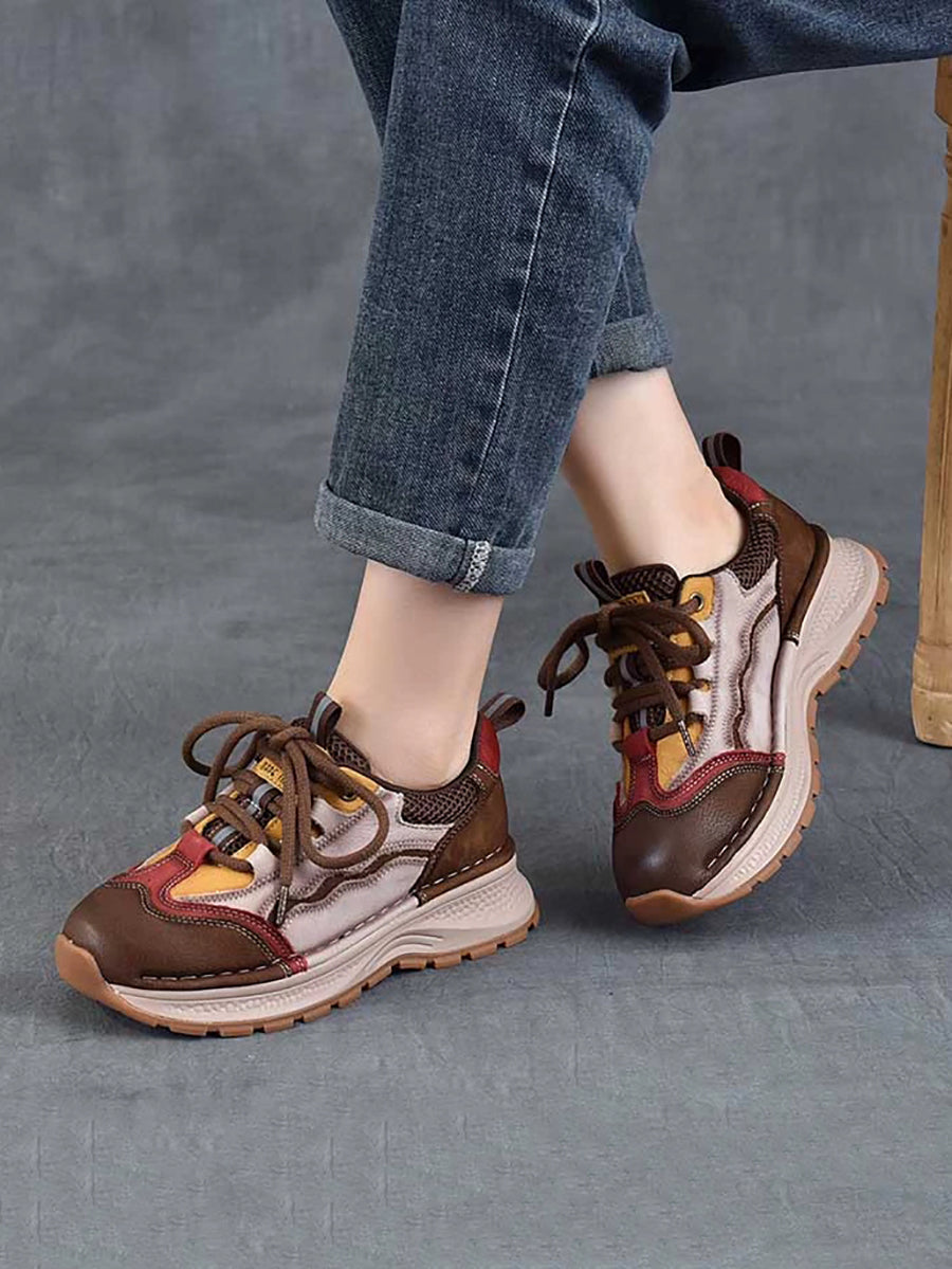 Women Retro Colorblock Leather Sport Platform Shoes