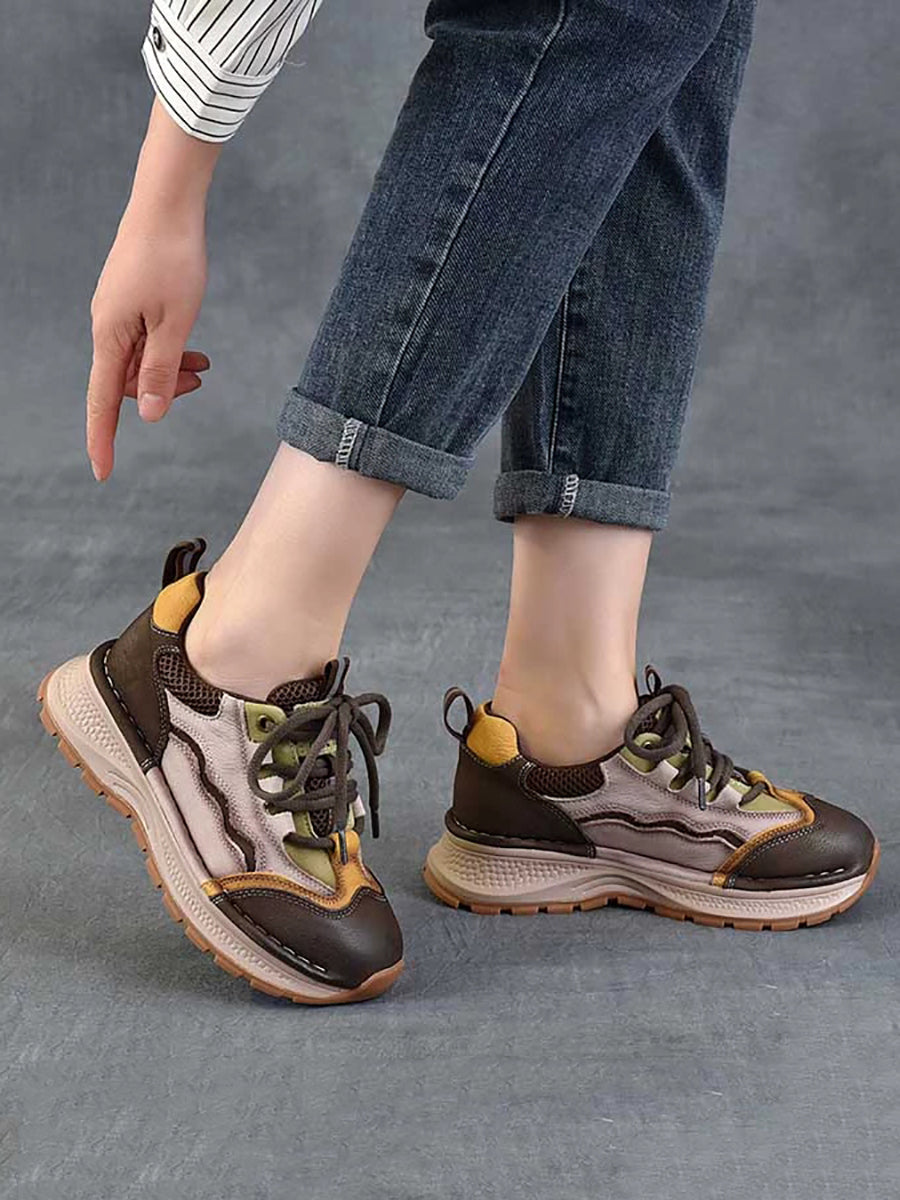 Women Retro Colorblock Leather Sport Platform Shoes