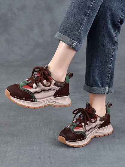 Women Retro Colorblock Leather Sport Platform Shoes