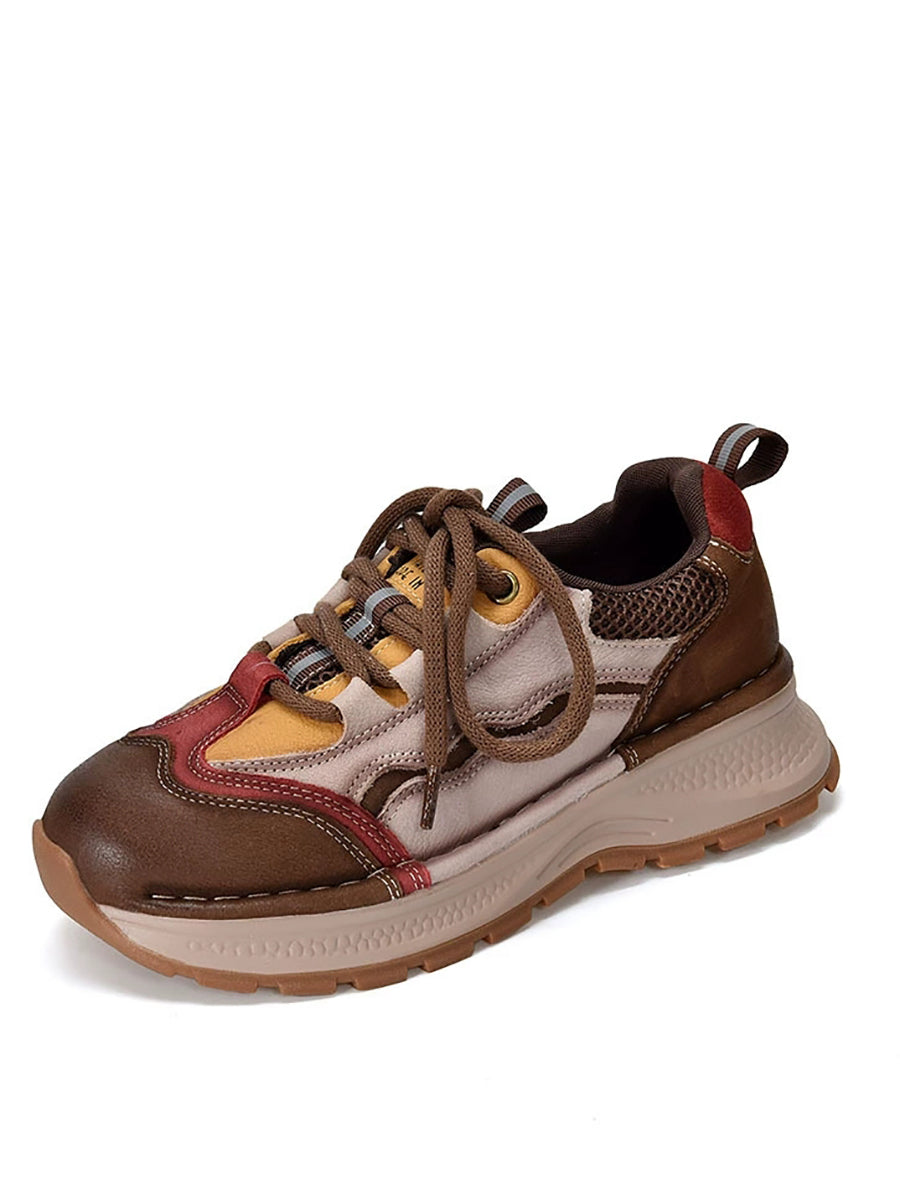 Women Retro Colorblock Leather Sport Platform Shoes