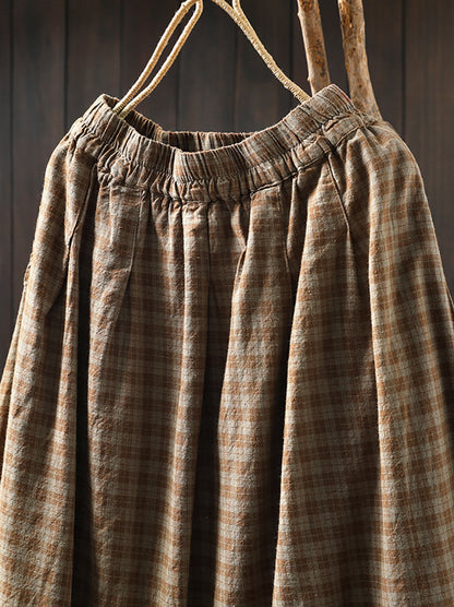 Women Autumn Plaid A-Shape Lace Spliced 100%Cotton Skirt