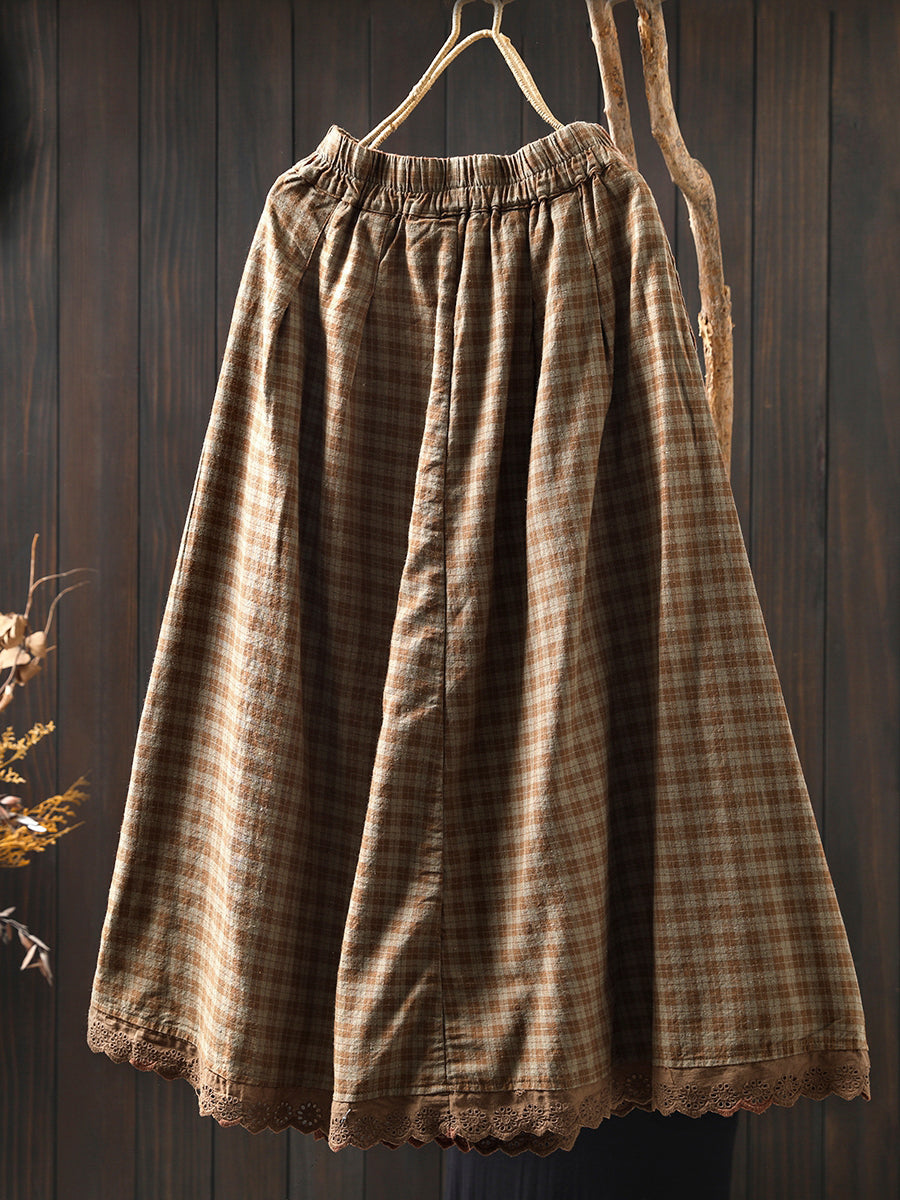 Women Autumn Plaid A-Shape Lace Spliced 100%Cotton Skirt