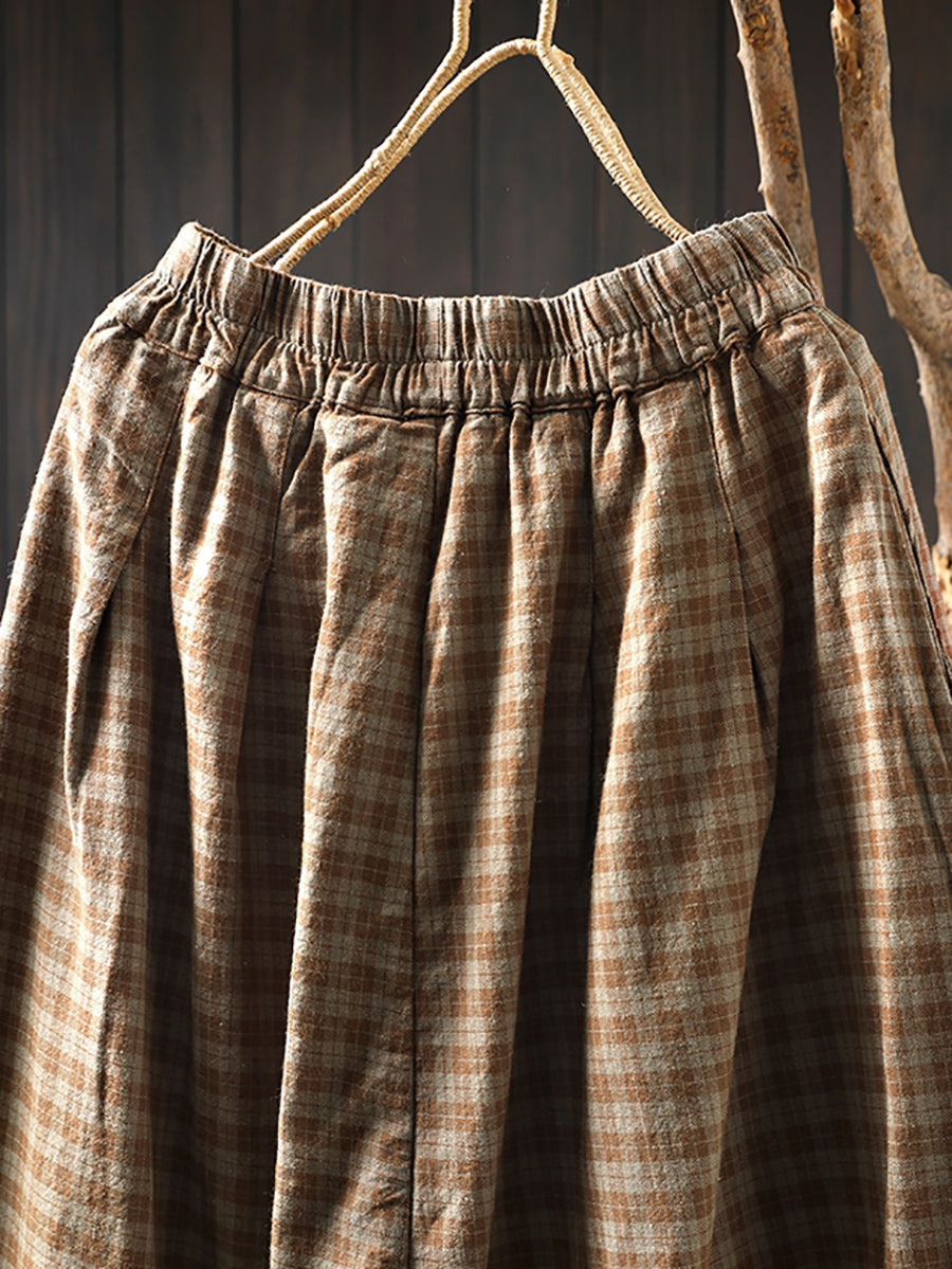 Women Autumn Plaid A-Shape Lace Spliced 100%Cotton Skirt