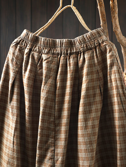 Women Autumn Plaid A-Shape Lace Spliced 100%Cotton Skirt