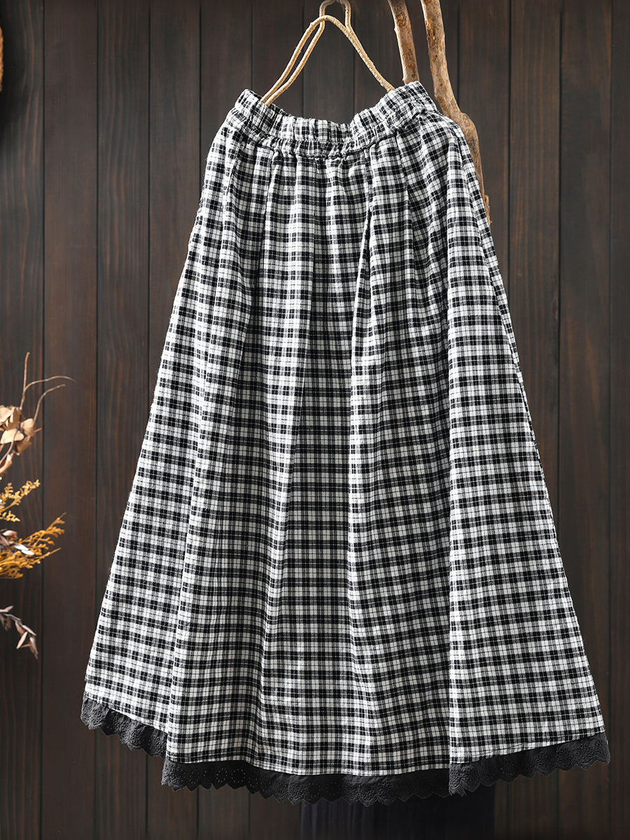 Women Autumn Plaid A-Shape Lace Spliced 100%Cotton Skirt