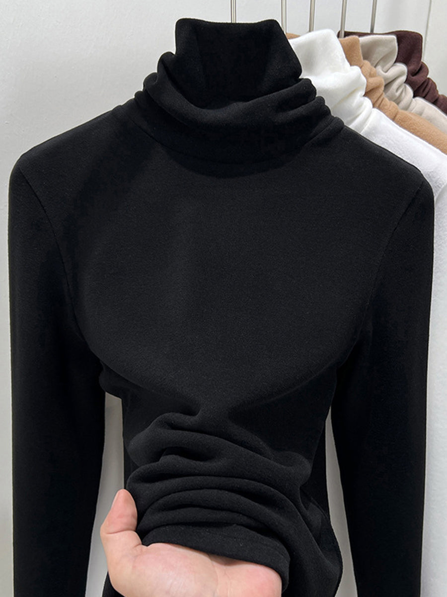 Women Autumn Casual Pure Color Turtleneck Bottom Blouse