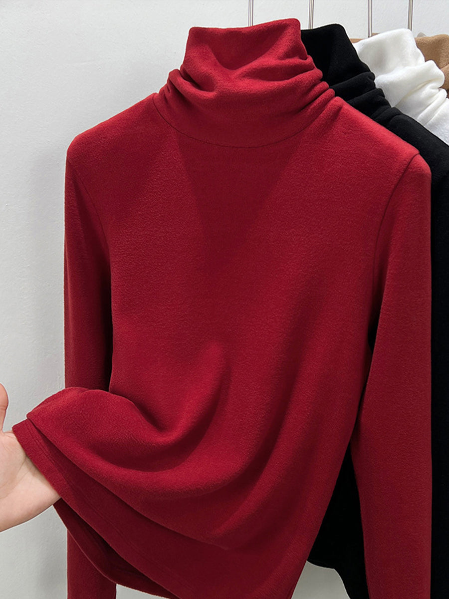 Women Autumn Casual Pure Color Turtleneck Bottom Blouse