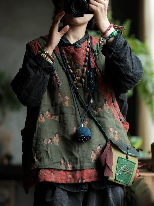 Women Autumn Retro Print Spliced O-Neck 100%Cotton Vest