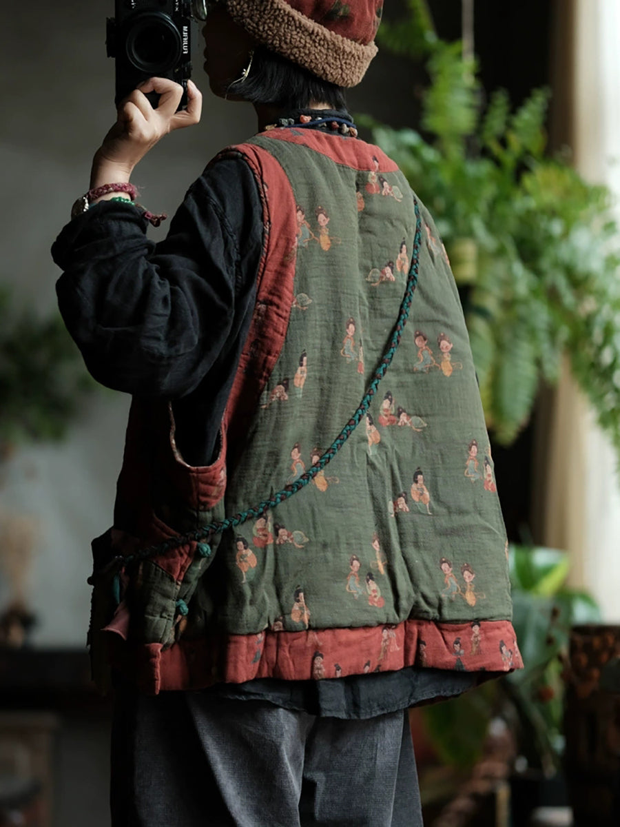 Women Autumn Retro Print Spliced O-Neck 100%Cotton Vest