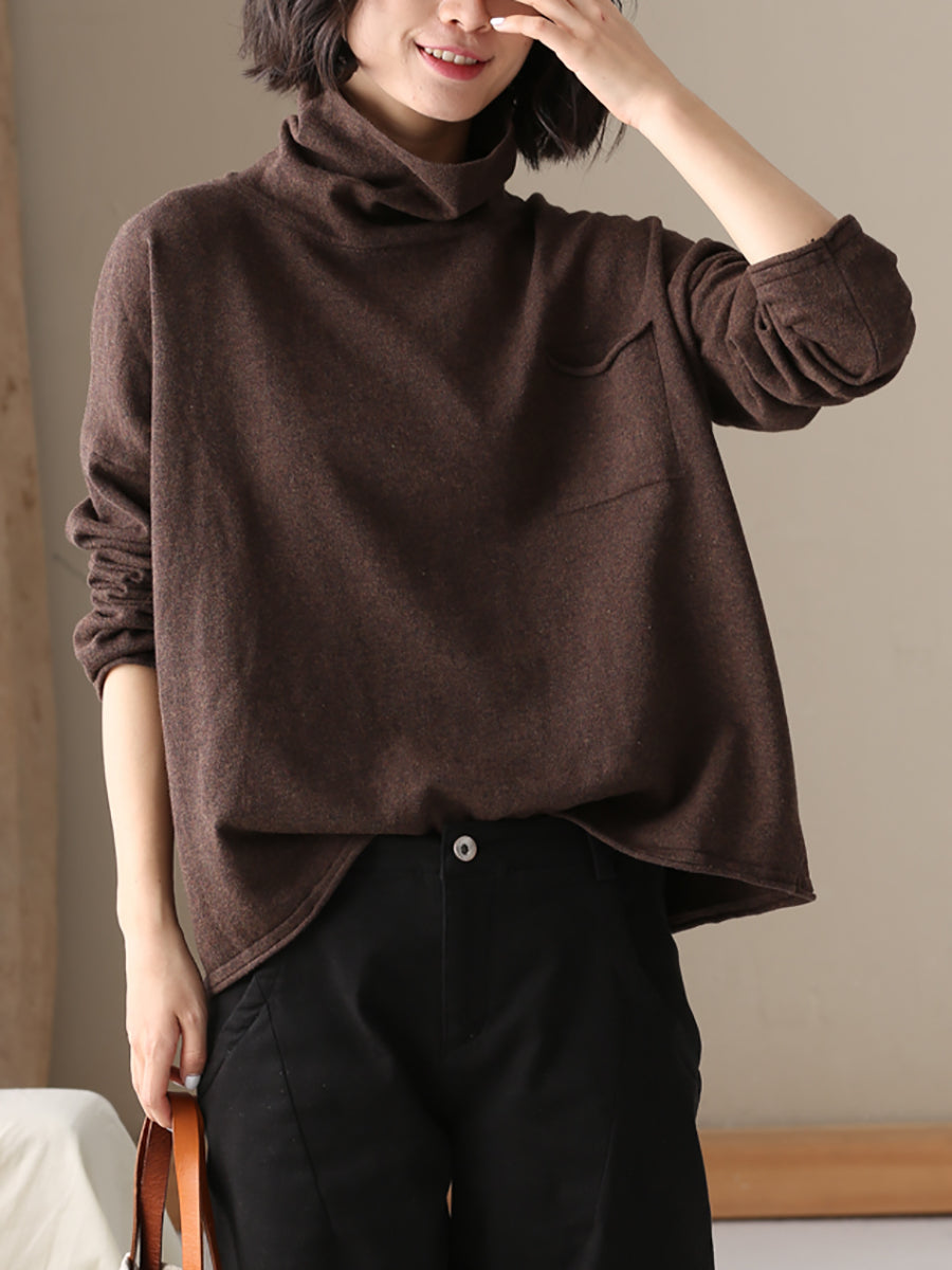 Women Autumn Casual Pure Color 100%Cotton Turtleneck Shirt