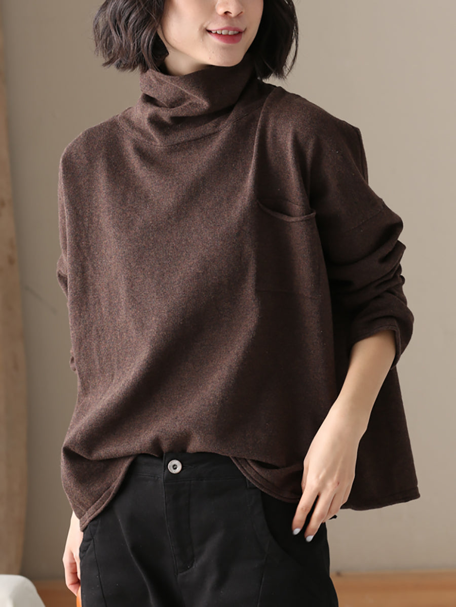Women Autumn Casual Pure Color 100%Cotton Turtleneck Shirt