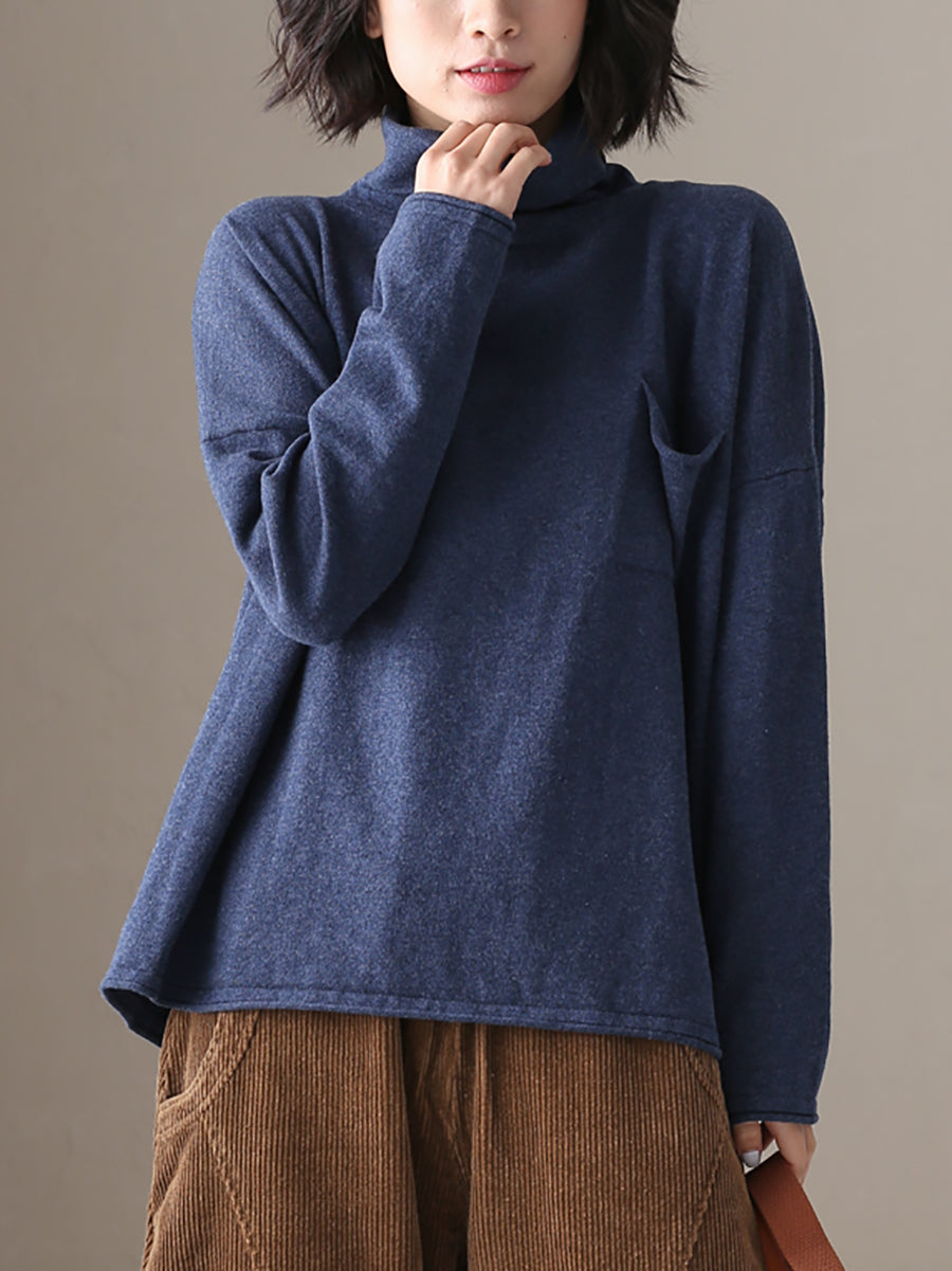 Women Autumn Casual Pure Color 100%Cotton Turtleneck Shirt