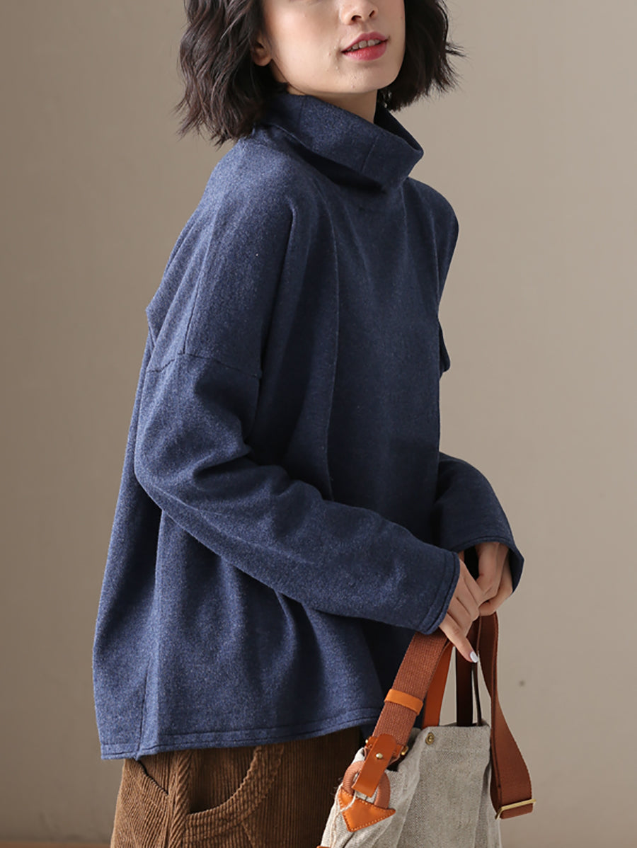 Women Autumn Casual Pure Color 100%Cotton Turtleneck Shirt