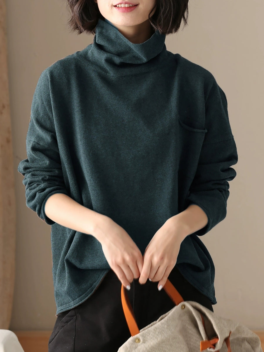 Women Autumn Casual Pure Color 100%Cotton Turtleneck Shirt