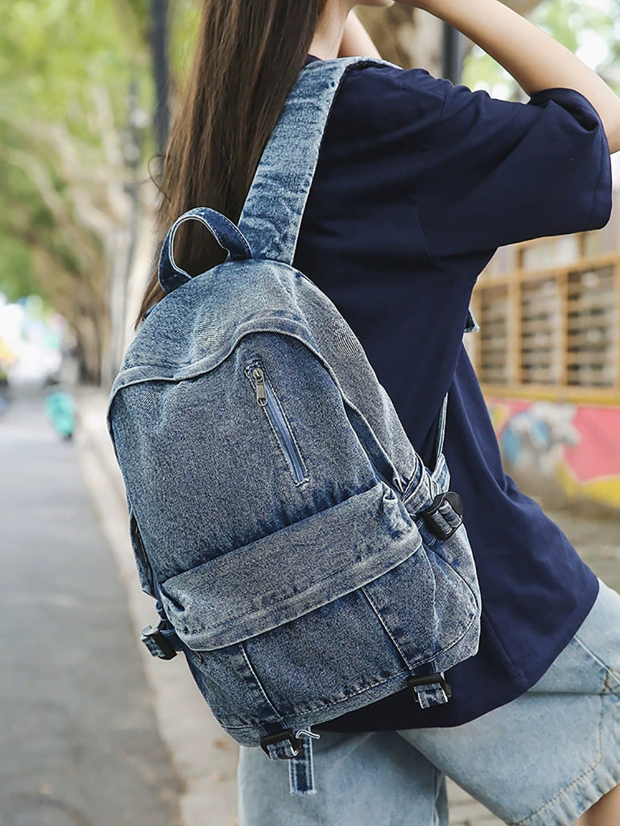 Women Pure Color Denim Large Capacity Backpack