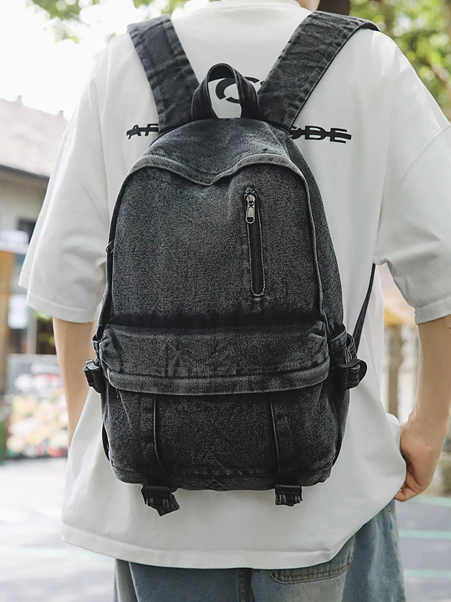 Women Pure Color Denim Large Capacity Backpack