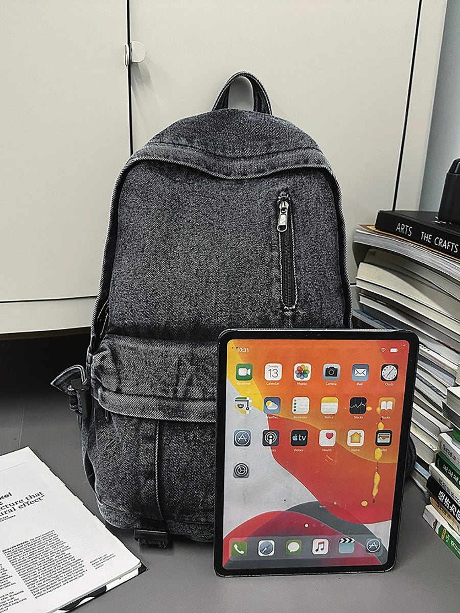 Women Pure Color Denim Large Capacity Backpack