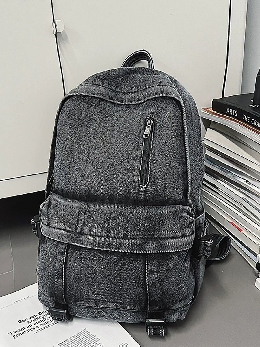 Women Pure Color Denim Large Capacity Backpack